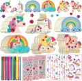 DIY wooden unicorn craft kit for kids, includes painted wood pieces, markers, and sparkly stickers. - Unicorn Theme Set