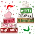 Reversible wooden block decor for Valentine's Day and St. Patrick's Day tiered tray setup. - Style B