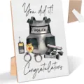 Wooden police theme graduation plaque desk ornament detail showing front design and back stand. - Style 8