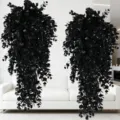 Black artificial eucalyptus hanging vine, fake plants for indoor outdoor Halloween decor. - Black