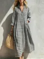 Black white gingham long sleeve shirt dress lapel button down midi dress for women - S / Black