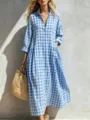 Close-up of blue white gingham shirt dress, lapel long sleeve casual midi dress for women. - S / Blue