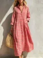 Red white gingham long sleeve shirt dress casual A-line midi dress with pockets. - S / Red
