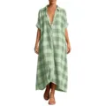 Detailed view of the casual loose green plaid shirt dress featuring lapel and short sleeves. - S / Light Green