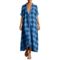 Casual blue plaid maxi shirt dress for women, button-down lapel short sleeve long dress. - S / Sapphire Blue