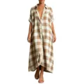 Casual brown and white plaid maxi shirt dress with button-down front and short sleeves. - S / Khaki