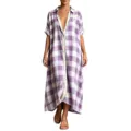 Casual purple plaid button-up maxi shirt dress for women, loose short sleeve summer beach vacation. - Violet