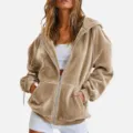 Women velvet zip up hoodie casual long sleeve outerwear autumn winter warm oversized jacket - S / Khaki