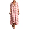 Pink checkered midi shirt dress detail, casual summer resort wear with button-down front. - Pink