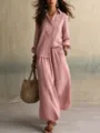 Summer casual linen button down shirt and wide leg pants two piece set for women. - S / Top And Bottom / Pink