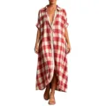 Detailed view of the red and white gingham short sleeve shirt dress, relaxed fit, button down. - Red