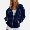 Women's Navy Blue Velour Zip-Up Hoodie Casual Loose Long Sleeve Outerwear Tops Collection. - S / Navy Blue