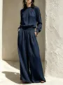 Autumn women casual linen long sleeve top and wide leg trousers set elegant outfit - S / Navy Blue