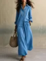 Casual summer cotton linen women two piece set, breathable shirt and wide leg trousers. - Sky Blue
