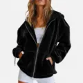 Black velvet zip-up hooded jacket, casual oversized sweatshirt outerwear for women. - S / Black