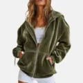 Detailed view of women's olive green velvet zip up hoodie, comfortable casual jacket. - S / Army Green