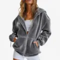 Grey velvet zip up hoodie for women, casual oversized sweatshirt jacket with hood and pockets. - S / Gray