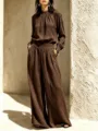 Autumn women linen casual outfit set detail, loose long sleeve top and wide leg pants. - Coffee