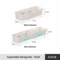 Boîte de rangement blanche réglable avec séparateurs montrant les dimensions avant et après - Boîte Extensible avec Diviseur - Petit Étroit (1 Pièce/Réf 4119)
