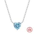 Elegant light blue heart zircon birthstone pendant necklace with 316 stainless steel chain - Heart / 45+5cm / Aquamarine & Steel Color