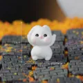 Close-up detail shot of a cute white resin rabbit miniature figurine with size dimensions shown. - No.4 Holding Head White Rabbit
