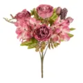 European retro 7-head autumn peony artificial flower bouquet, detailed close-up for home decor. - Rose Red