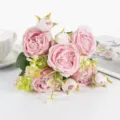 Kunstmatige roze pioenroos bloemboeket voor huisdecoratie, elegante zijden bloemstuk. - Roze Wit