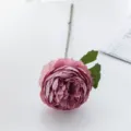 Single head artificial pink peony flower variant with green leaves and long stem for home decor. - Rose Red