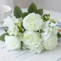 Artificial rose flower bouquet white peony wedding photography props home decor - White