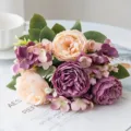Artificial rose flower bouquet wedding home decor photography props purple champagne - Bean Green