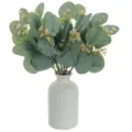 Artificial eucalyptus leaves with pink flower buds in white ceramic vase for decor. - Apple Leaves + Pink Berries - Round Tip