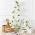 Artificial white flower vine garland for wedding home bedroom ceiling wall hanging decor - White