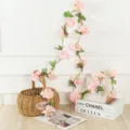 Artificial pink flower vine garland for wedding home bedroom ceiling decorative plants. - Pink