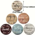 Set van 6 houten onderzetters boerderij ronde tafel bescherming matten met citaten 9,7cm - Zesdelige Set met Houder / 5mm