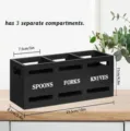 Wooden cutlery storage box with 3 compartments, black kitchen organizer for spoons forks. - Three-Grid Cutlery Box / Black