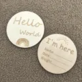 Wooden baby milestone cards detail shot, featuring Hello World and newborn tracking design. - Double-Sided Engraved / A03
