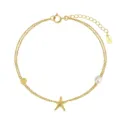 Detaillierte Makroansicht einer goldenen Seestern-Fußkette mit Perle und S925-Anhänger - Seestern Perle Doppelschichtig Stil (SA97) / 2.4g / 14K Vergoldet