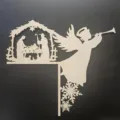 Detail view of wooden Christmas Nativity scene door corner decor with angel and snowflakes. - Angel Natural Wood White