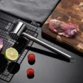 Stainless steel meat mallet tenderizer for steak cooking tool with dimensions. - English Color Box Version