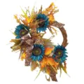 Decorative wreath with blue sunflowers and leopard print ribbons on grapevine base. - Blue Sunflower Half Wreath 40cm