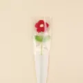 Detailed view of a handcrafted red crochet puff flower inside a 'LOVE' gift sleeve. - Large Puff Flower (Double Leaf) With Bag / Red