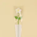 Detail view of a handmade white crochet daisy flower with green leaves in a gift sleeve - Large Puff Flower (Double Leaf) With Bag / White