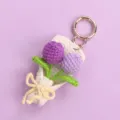 Detailed view of handmade purple crocheted tulip bouquet keychain with rose gold ring - Gradient Purple (Round Clasp)