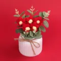 Detail handgehäkelter roter Puffblumen in weißem geriffeltem Topf mit Juteschleife - Rot