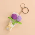 Detailed view of a hand-crocheted purple tulip bouquet keychain with a gold ring - Double Tulip Bouquet Keychain (Lobster Clasp) / Gradient Purple