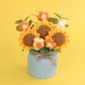 Macro view of handmade crocheted sunflower and puff flower bouquet in a blue vase - 3 Flowers 5 Loops Sunflower / Flower Series-3 Flowers 5 Loops Sunflower (Blue Pot)