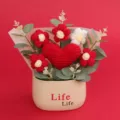 Handmade crochet red heart and puff flowers in cream pot for desktop gift decoration. - Single Heart Flower Tube (Life Pot) / Red