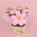 Handmade crochet pink flower potted plant with tulip puff flowers on pink background. - Pink