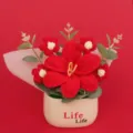 Handmade crochet red flower bouquet in white pot for aesthetic desk decoration and gift - Red