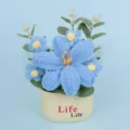 Handmade crochet blue puff flowers in a pot for desktop decoration and Mother's Day gift - Blue